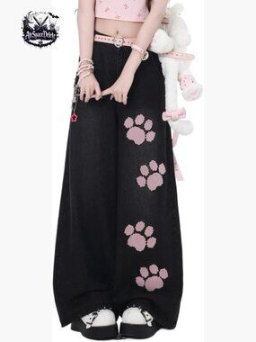 High Waisted Wide Leg Jeans with Cat Patchwork Y2K Harajuku Fashion